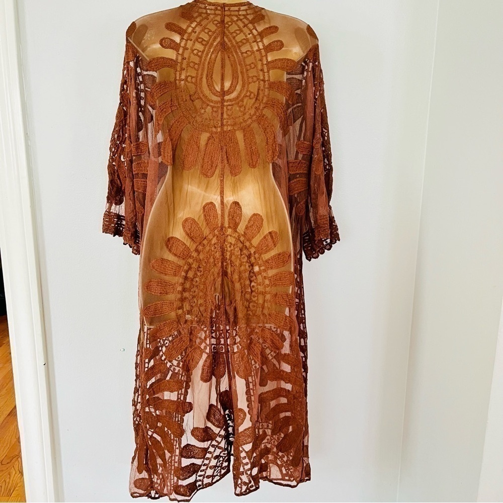 Bohemian embroidered long kimono swim cover up sheer cardigan boho